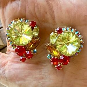 Vintage Juliana heliotrope Rivoli headlight orange clip Yellow Crystal Earrings